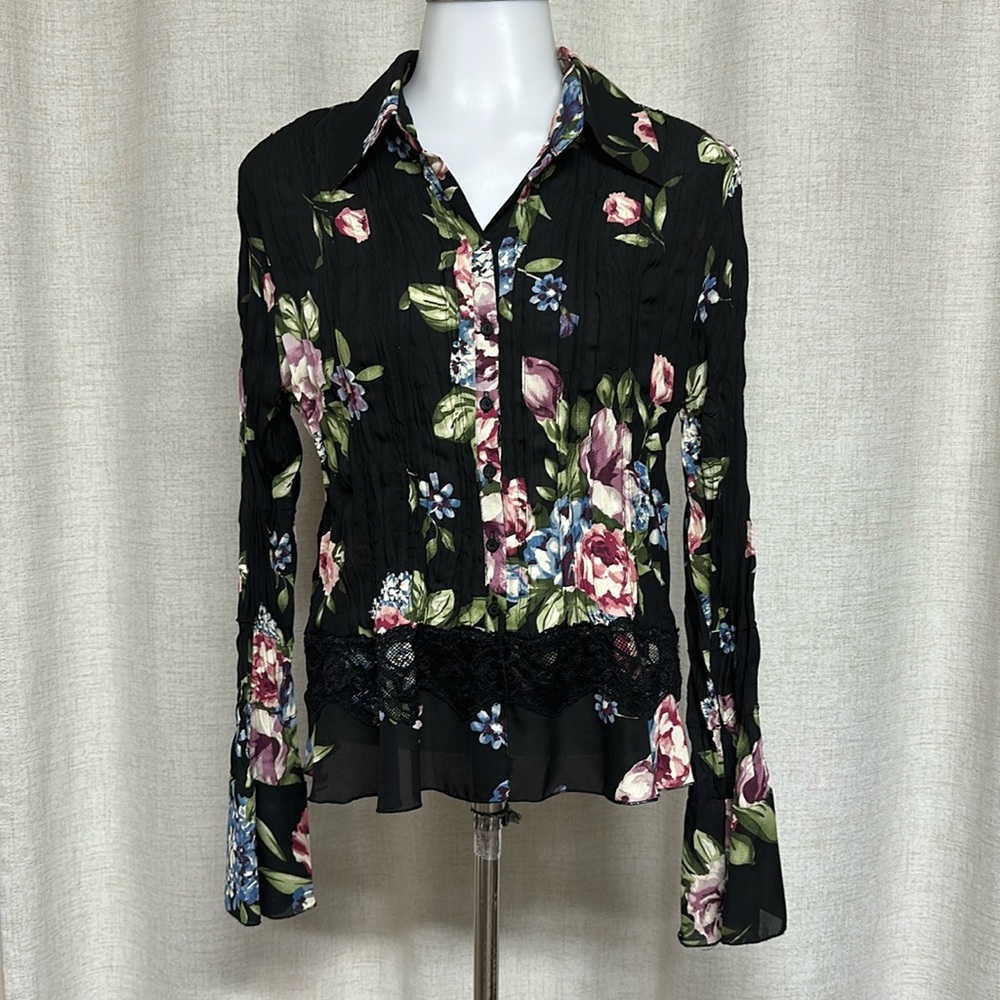 ALLISON TAYLOR black purple floral lace trim crinkle pleated blouse shirt top